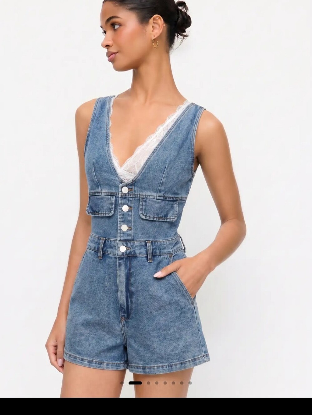 Denim V-Neck Button Front Metal Detail Jumpsuit